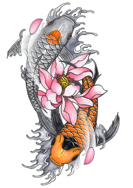 Tranhto24h: hình nền cá chép và hoa sen, 426x600px