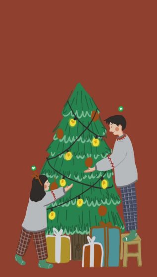 Tranhto24h: hình Noel cặp đôi tình nhân cùng nhau trang trí cây thông siêu cute ngọt ngào, 317x560px