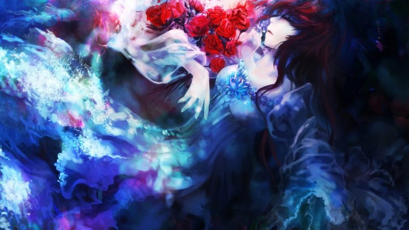 Tranhto24h: background anime cô gái ôm hoa, 800x450px