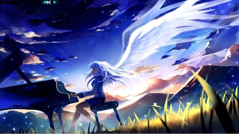 Tranhto24h: background anime cô gái chơi đàn mọc cánh, 800x450px