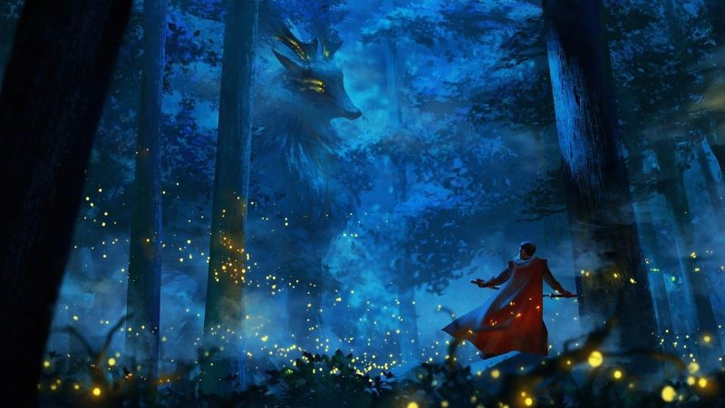 Tranhto24h: background anime rừng đêm và đom đóm, 800x450px