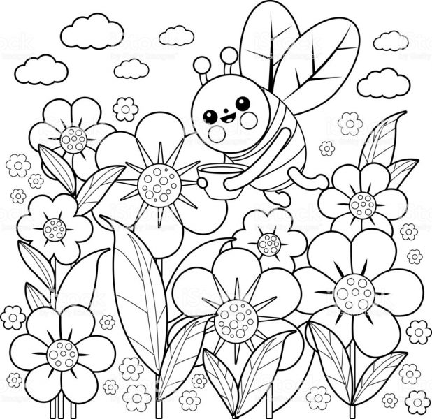 Tranhto24h: Tranh tô màu vườn hoa và chú ong đang hút mật, 618x600px