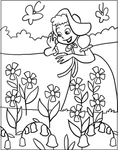 Tranhto24h: Tranh tô màu vườn hoa và cô nàng hái hoa, 471x600px