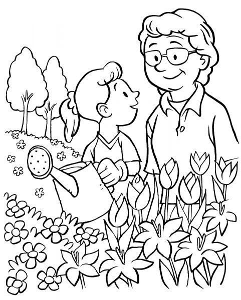 Tranhto24h: Tranh tô màu vườn hoa có ông và cháu đang chăm cây, 481x600px