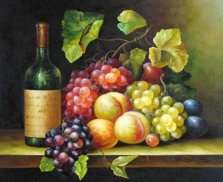 Tranhto24h: Vẽ tranh tĩnh vật rượu vang và trái cây, 732x600px