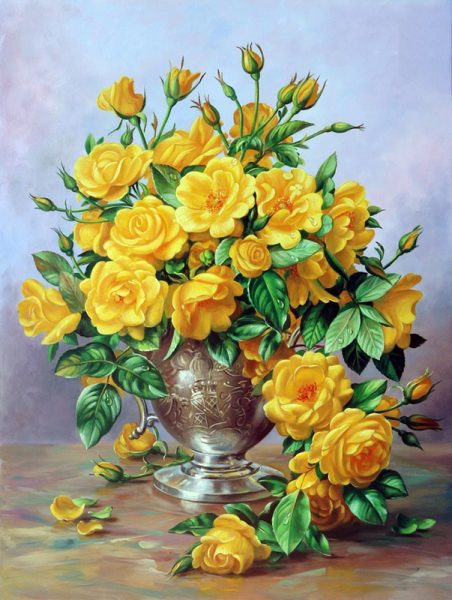 Tranhto24h: Vẽ tranh tĩnh vật với hoa hồng vàng, 452x600px
