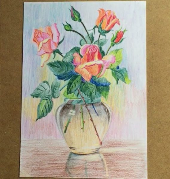 Tranhto24h: Vẽ tranh tĩnh vật lọ hoa hồng cơ bản, 569x600px