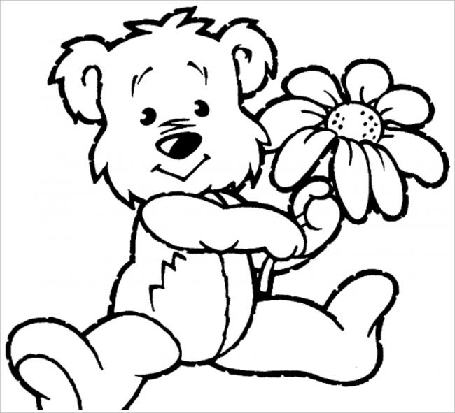 Tranhto24h: Tranh tô màu con gấu ôm bông hoa, 650x591px