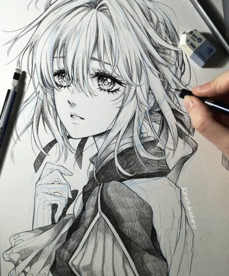 Tranhto24h: Vẽ tranh Anime nữ cute trắng đen, 466x560px
