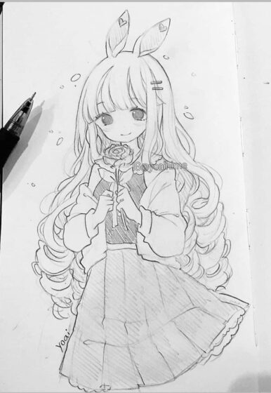 Tranhto24h: Vẽ tranh Anime nữ cute cầm hoa hồng, 386x560px