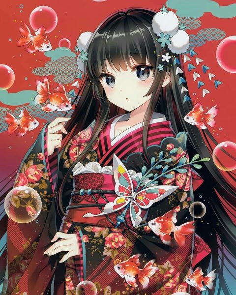 Tranhto24h: ảnh anime tóc đen cô gái với kimono, 480x600px