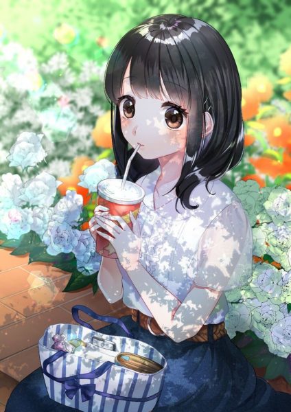 Tranhto24h: ảnh anime tóc đen cô gái và đồ ăn, 424x600px