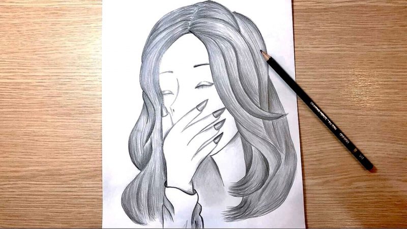 Tranhto24h: hình vẽ cô gái ôm miệng cười bằng bút chì, 800x450px