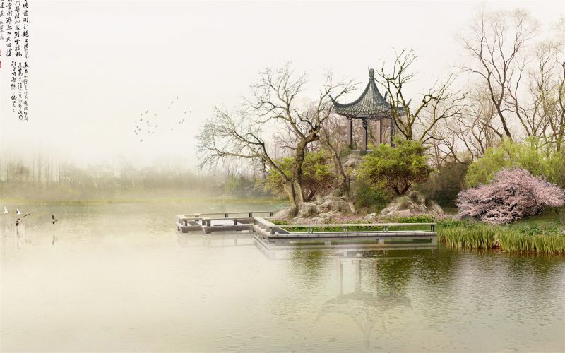 Tranhto24h: background cổ trang ngôi nhà bên cạnh hồ, 800x500px