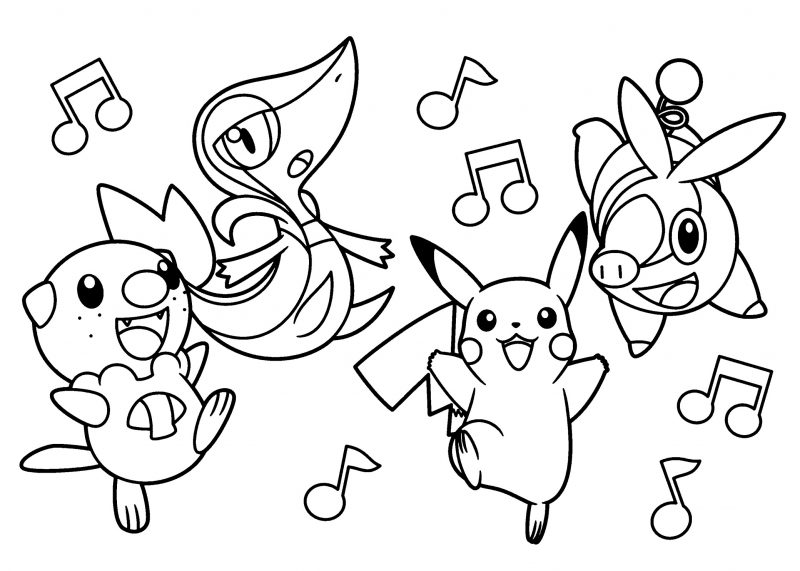 Tranhto24h: Tranh tô màu Pikachu nhảy múa cùng bạn bè, 800x571px