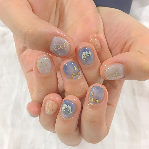 Tranhto24h: Mẫu nail Hàn Quốc gel hoa nhí xanh nhạt, 600x600px