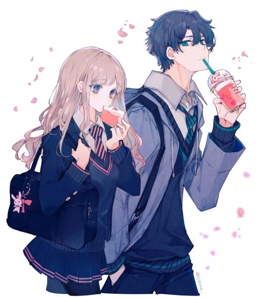 Tranhto24h: ảnh anime đôi nam nữ uống nước ép dưa hấu, 528x600px