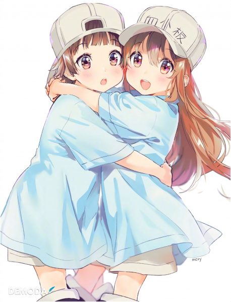 Tranhto24h: ảnh anime đôi nữ áo xanh ôm nhau, 458x600px