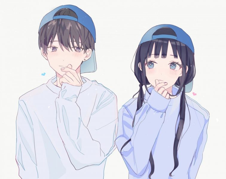 Tranhto24h: ảnh anime đôi nam nữ đội mũ lưỡi trai xanh, 756x600px
