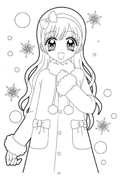 Tranhto24h: Ảnh anime không màu cô gái mặc áo mùa đông, 411x600px