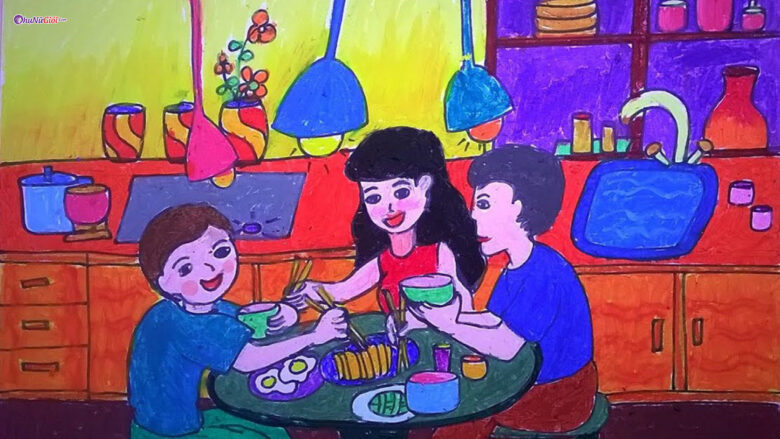 Tranhto24h: Tranh vẽ gia đình 3 người ăn cơm, 780x439px