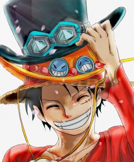 Tranhto24h: Hình ảnh Luffy cười tươi với mũ của Ace và Sabo, 466x560px