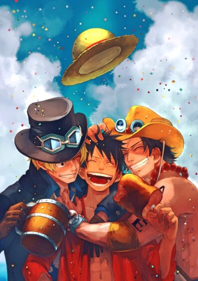 Tranhto24h: Hình ảnh Luffy cười hạnh phúc cùng 2 anh trai, 396x560px
