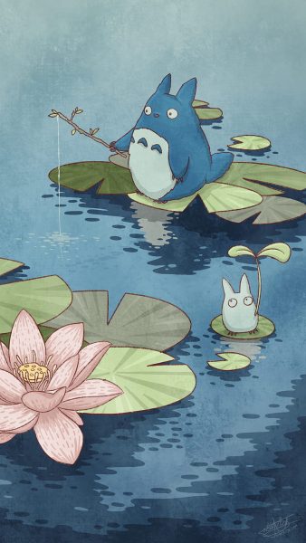 Tranhto24h: Hình nền Totoro ngồi trên hoa sen, 338x600px