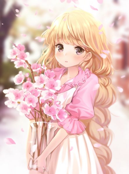 Tranhto24h: Ảnh anime cute tóc dài ôm hoa, 443x600px