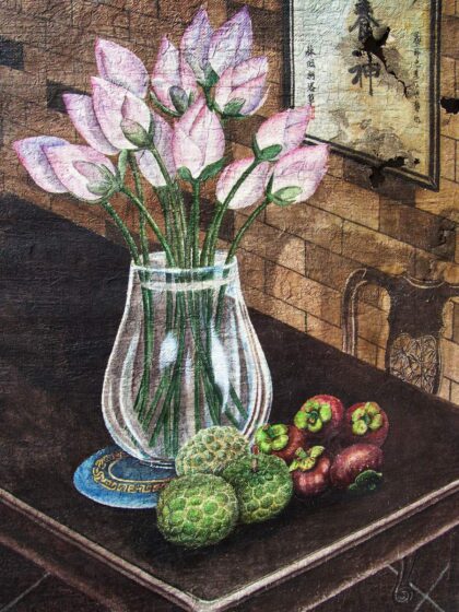 Tranhto24h: vẽ tranh tĩnh vật vẽ hoa sen và các loại quả, 420x560px