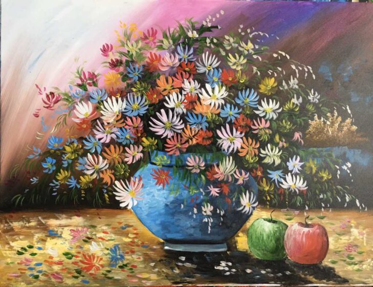 Tranhto24h: vẽ tranh tĩnh vật lọ hoa cúc đủ màu, 729x560px