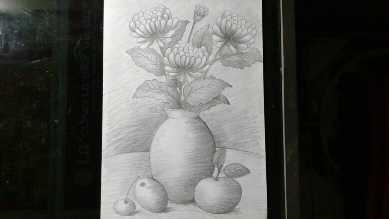 Tranhto24h: vẽ tranh tĩnh vật lọ hoa cúc và quả bằng chì, 780x439px