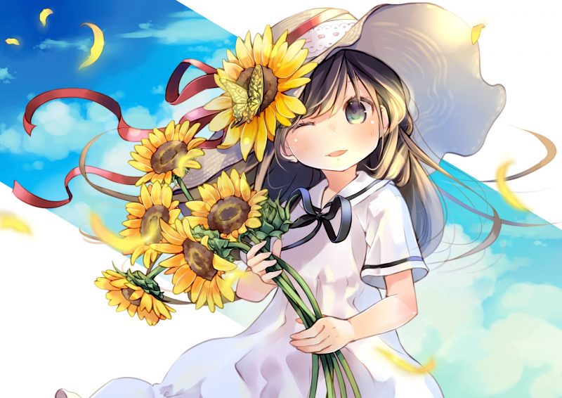 Tranhto24h: Hình nền hoạt hình cô nàng anime ôm hoa hướng dương, 800x566px