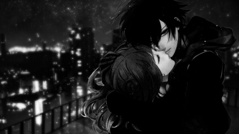 Tranhto24h: hình anime trắng đen cặp đôi hôn môi, 780x439px