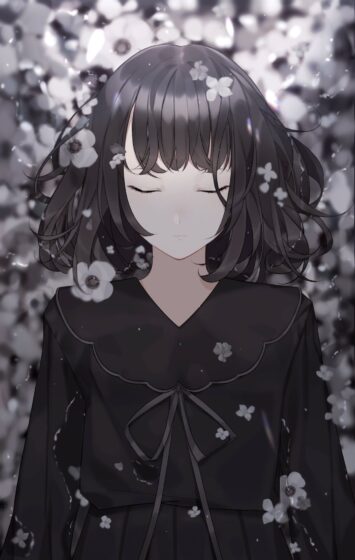 Tranhto24h: ảnh anime trắng đen nữ buồn bên cánh hoa, 355x560px