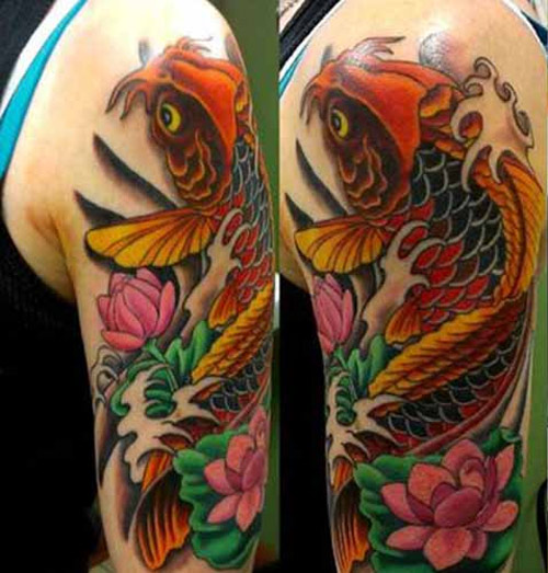 Tranhto24h: Hình xăm cá chép hoa sen ở tay chân kín lưng tattoo cá chép nửa lưng, 500x523px